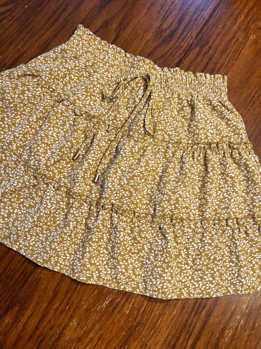 Women's Mustard Floral Tiered Mini Skirt with Drawstring Waist